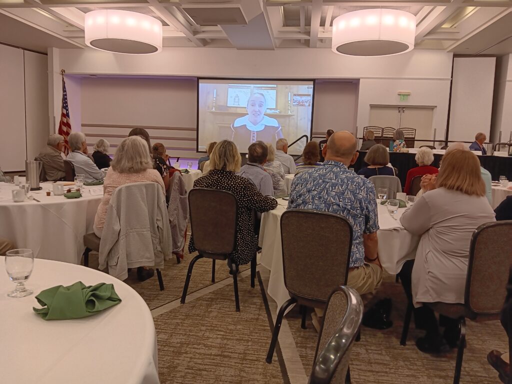 Malka Benjamin, Director of Colonial Interpretation & Training at Plimoth Pataxet, shown on screen via Zoom, performing as Alice (Carpenter) (Southworth) second wife of Governor William Bradford.